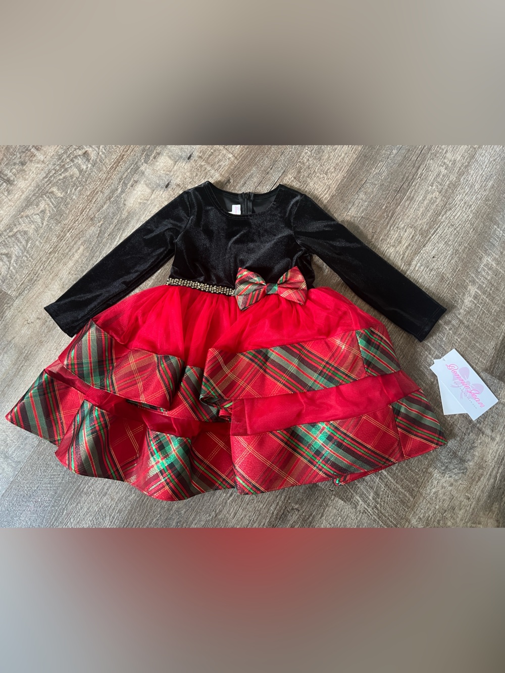 Bonnie Jean Long Sleeve Velvet to Tiered Plaid Dress-Size 2T